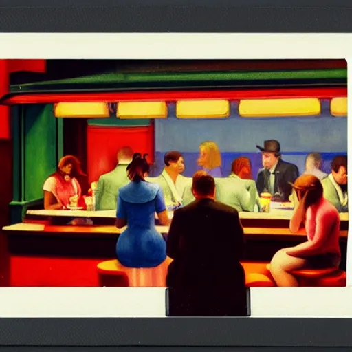 Image similar to a polaroid photo of people at a diner, Edward Hopper style, Nighthawks, detailed, hq, lens flare