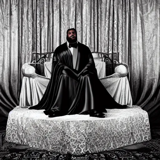 Image similar to Large black man sitting on throne wrapped in silk, background made of large folding curtains, dark, hyper detailed, hyper realistic, 8K phot realistic, black and white color, dimly lit, dark,