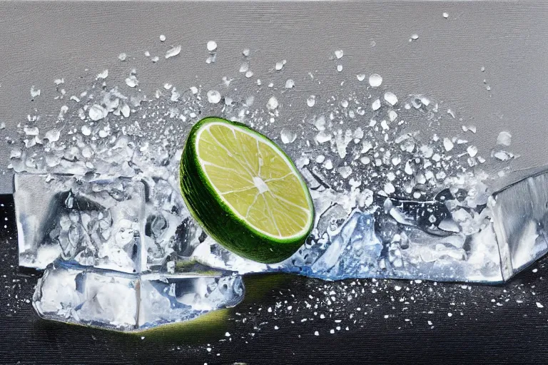 Image similar to award winning oil painting portrait of an ice cube starting to melt in the forefront surrounded by a lime wedge, an empty bottle of tequila and fallen salt shaker. black background