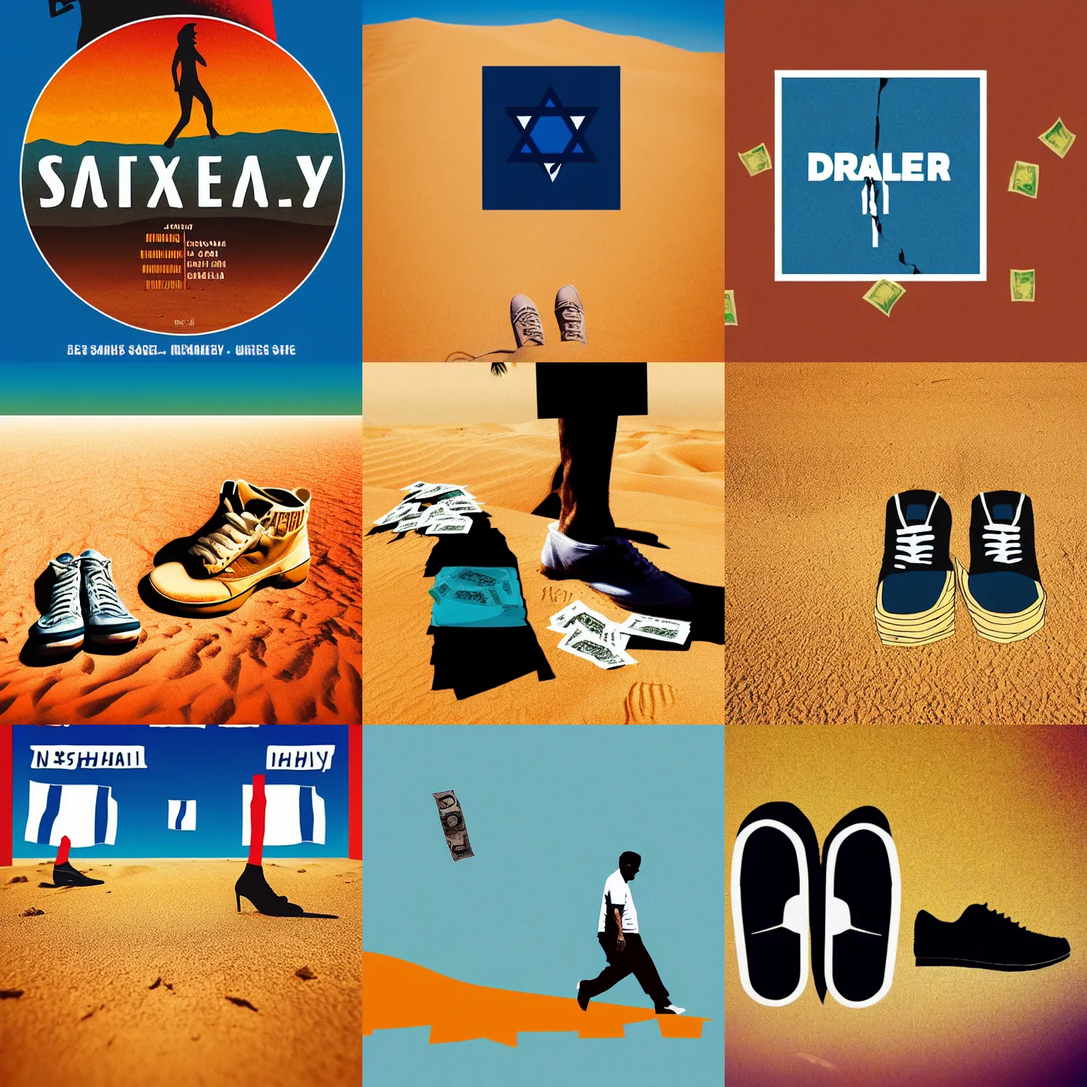 Prompt: minimalist movie poster, israeli desert, salsa, crumbled dollar bills, two shoes, solid colors