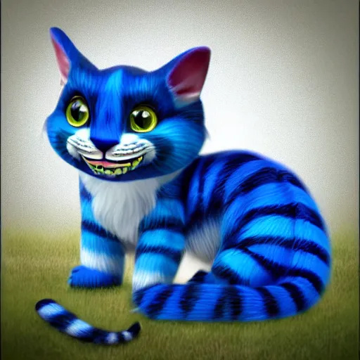 Prompt: cute blue striped cheshire cat. an adorable cat with light blue stripes, blue eyes and a playful smile. stunning digital art by eva balloon. fluffy, soft