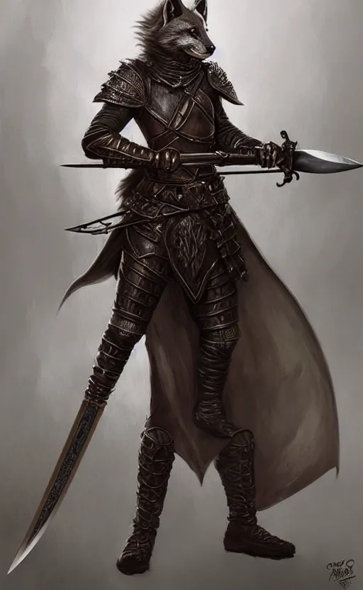 Image similar to d & d fantasy fox warrior in leather armour, holding a scimitar and war pick, intricate, elegant, highly detailed, digital painting, artstation, concept art, matte, sharp focus, illustration, art by artgerm and greg rutkowski