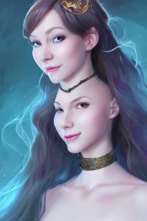 Prompt: portrait of a gorgeous young female artificer, looking at camera, D&D, choker on neck, stylish dress, mouth slightly open, cute slightly nerdy smile, very long flowing hair, intricate, elegant, stylish, fantasy, extremely detailed, digital painting, artstation, concept art, smooth, sharp focus, illustration, stunning lighting, art by artgerm and greg rutkowski and alphonse mucha and simon stalenhag