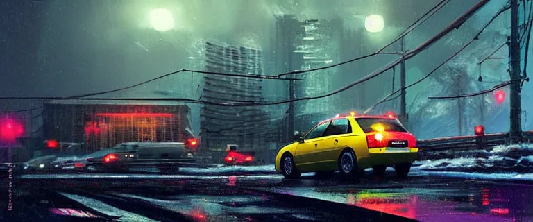 Prompt: Audi A4 B6 Avant (2002), a gritty neo-noir, dramatic bright lighting, cinematic, establishing shot, extremely high detail, photorealistic, cinematic lighting, artstation, by simon stalenhag, Snowy mountain road, At night, flashing lights