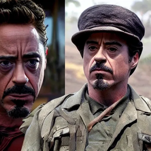 Prompt: robert downey jr in blackface in a war movie, cinematic still