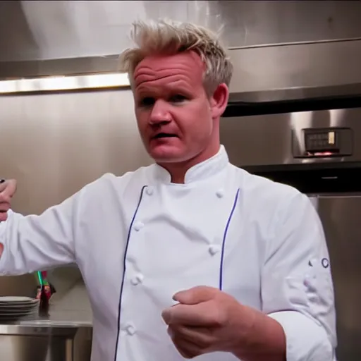 Image similar to hyper real Gordon Ramsey cooking a unicorn in kitchen 4k