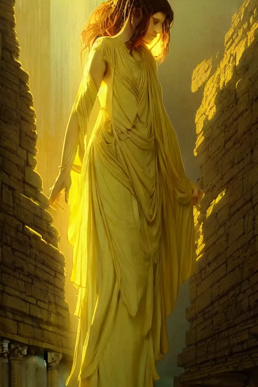 Image similar to possessed woman wearing an ancient greek tunic made of yellow paper, stephen bliss, fantasy art by greg rutkowski, rhads, ferdinand knab, makoto shinkai and lois van baarle, ilya kuvshinov, rossdraws, tom bagshaw, global illumination, radiant light, ancient greek temple ruins, green blue color theme