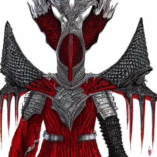 Prompt: a very elegant fantasy portrait of a fantasy knight and a wizard robe made of dragon scales mixture, red glowing eyes, medieval armor, custom armor design, pointy, the red glows coming through the knight helmet, a mixture of pen and pencil, digital art, character design, d & d character, heavy shading, master of fantasy art