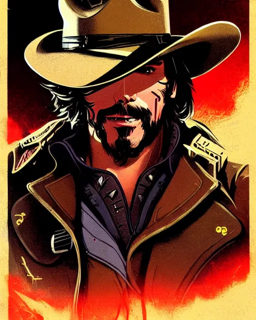 Image similar to mccree from overwatch, cyber space cowboy, eye patch, cigar, outter space, cyber armor, character portrait, portrait, close up, concept art, intricate details, highly detailed, vintage sci - fi poster, retro future, vintage sci - fi art, in the style of chris foss, rodger dean, moebius, michael whelan, and gustave dore