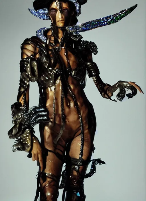 Image similar to a woman with iridescent skin, pirate weapons, by van herpen, iris