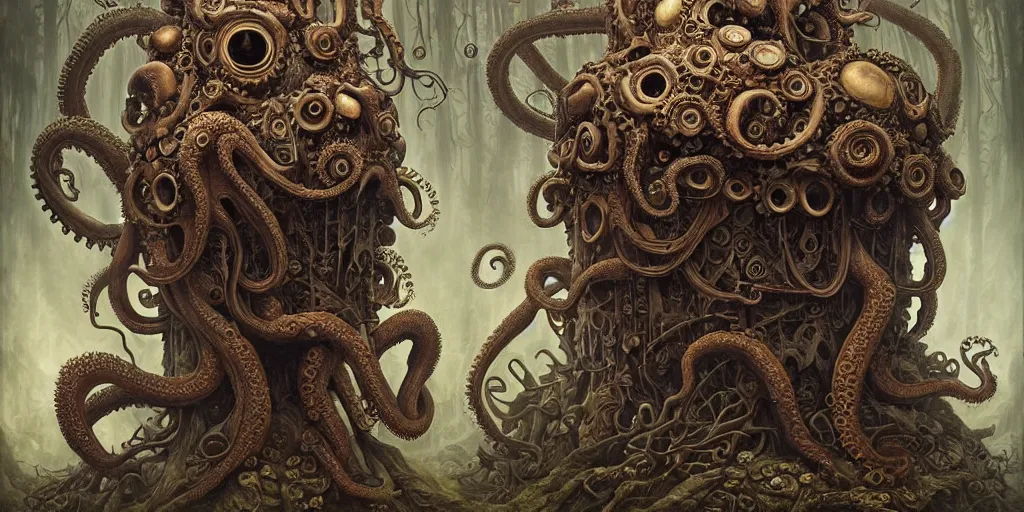 Image similar to biomechanical creature with big octopus head guarding an ancient chest in a mystic forest, gothic and baroque, brutalist architecture, ultradetailed, Intricate by Ellen Jewett and Josan Gonzalez and Giuseppe Arcimboldo