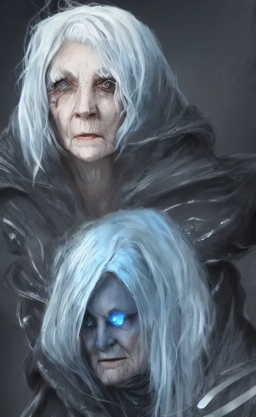 Image similar to an older woman with silver hair and piercing blue eyes. she's wearing a dark, hooded cloak and looks like she knows her way around a sword, dynamic lighting, photorealistic fantasy concept art, trending on art station, stunning visuals, creative, cinematic, ultra detailed