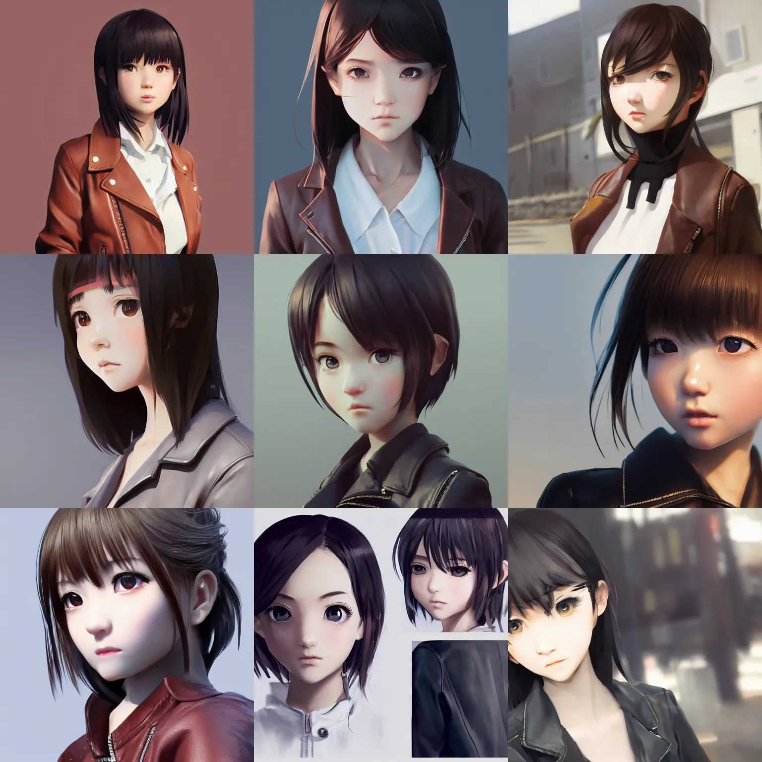 Image similar to clothed, worksafe. cgsociety, by wlop, ilya kuvshinov, krenz cushart, greg rutkowski, trending on artstation. zbrush sculpt, octane, maya, houdini, vfx. close - up face of a cute anime japanese filipino girl wearing leather jacket. cinematic dramatic atmosphere, sharp focus, volumetric lighting.