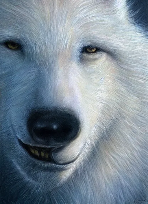 Image similar to a realistic white wolf head seen from the side, fantasy art, art by collin bogle