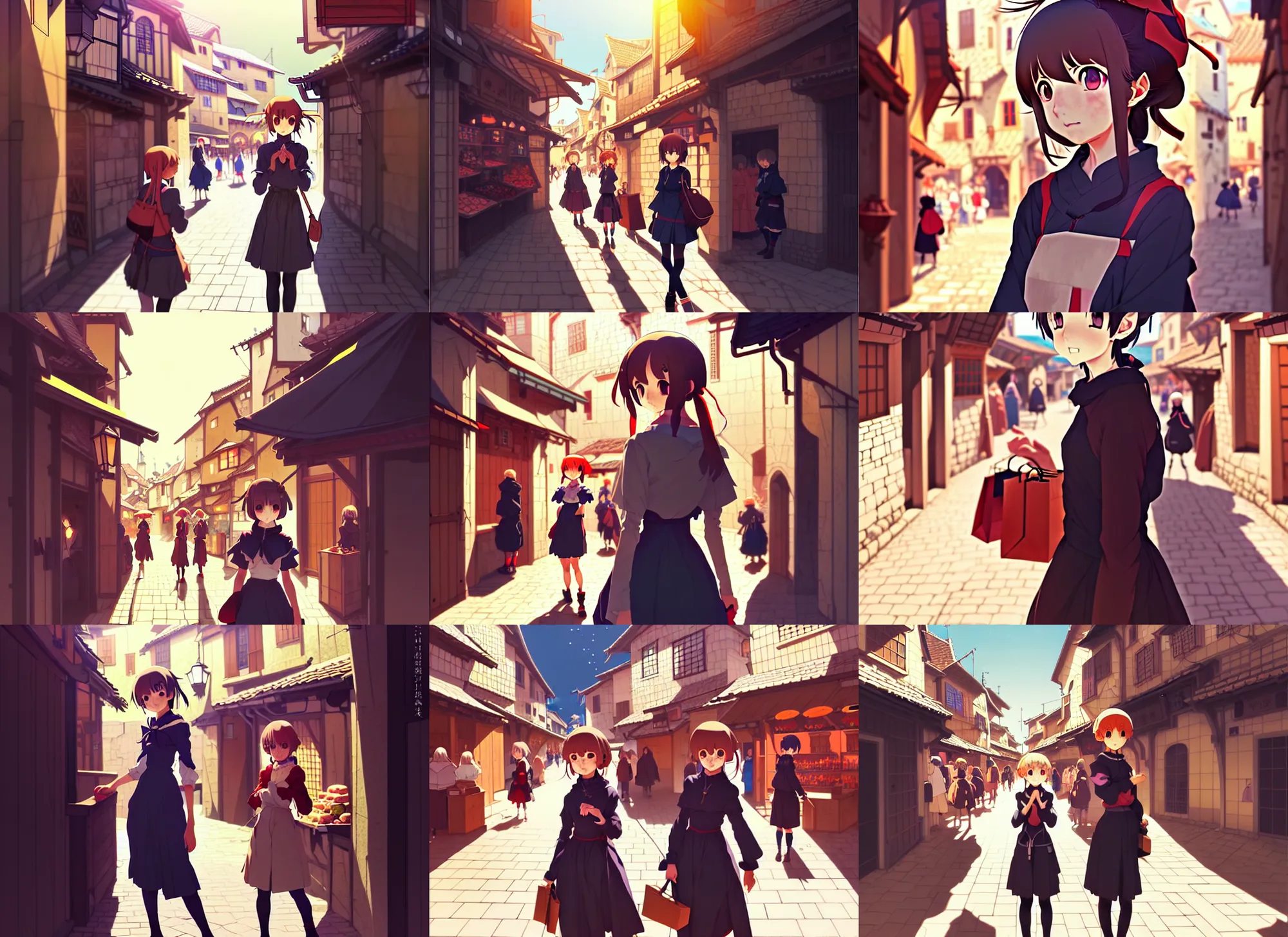 Prompt: anime visual, portrait of a young female traveler in a busy medieval village exterior shopping, very low light, cute face by yoh yoshinari, ilya kuvshinov, makoto shinkai, dynamic pose, dynamic perspective, cinematic, flat mucha, rounded eyes, crisp smooth clean lines, strong silhouette