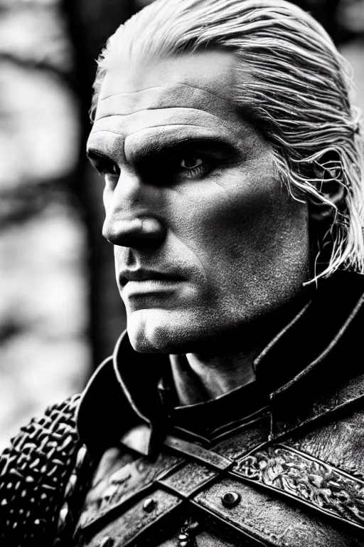 Prompt: 3 / 4 profile picture of geralt of rivia, 5 5 mm lens, professional photograph, black and white, times magazine, serious