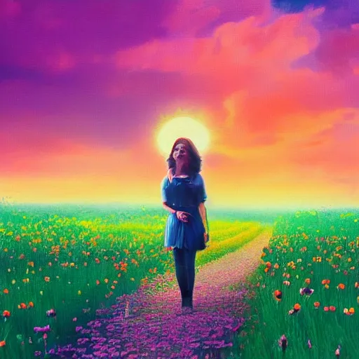 Image similar to daisy flower as a face, girl walking in flower field, holding daisy, surreal photography, sunrise, impressionist painting, colorful clouds, digital painting, artstation, simon stalenhag, flower face