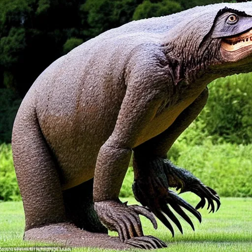 Prompt: A Tyrannosaurus rex predecessor downward, the forefoot to make a V gesture, sitting on its back sloth crossed legs, two hands to make a gesture of love