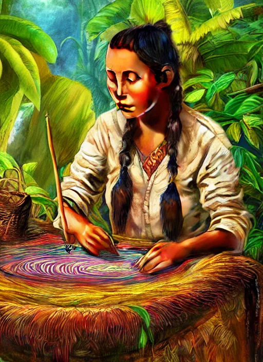 Prompt: a beautiful painting of a young indigenous female crafting a fabric in the jungle realistic face ayahuasca fantasy art style matte painting highly detailed