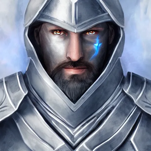 Image similar to A portrait of an Aasimar Paladin with glowing blue eyes, pale grey skin, silver full beard, and silver hair. He has a longsword and wears full plate armor. Epic Dungeons and Dragons fantasy art.