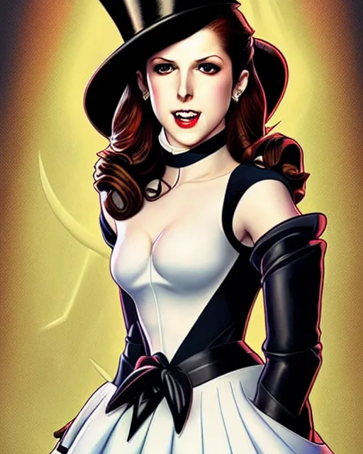 Prompt: beautiful Anna Kendrick Zatanna DC Comics floating on stage, wearing a top hat, symmetrical face symmetrical eyes, smiling, fantasy, intricate details, atmospheric, elegant, concept art, art by artgerm and eiichiro oda, Norman Rockwell
