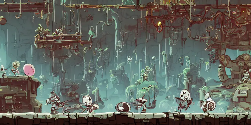 Image similar to Scenario without characters, empty scenario, art by Tomba, ori and the blind, Dead cells ,Hollow knight ,wonder boy , Megaman, Blasphemous , Portraiting a platform game showing an old industry, subject in the center, subject on the center screen, inside iron and machines, side scrolling, Rule of Thirds, 4K, Retrofuturism, Studio Ghibli, Simon Stålenhag