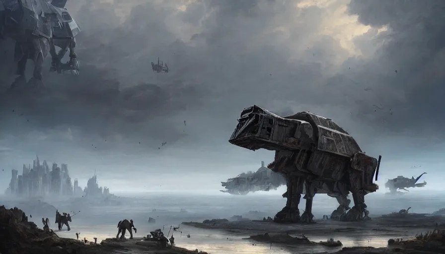 Image similar to baroque painting of at - at walking and destroying villages and cities, hyperdetailed, artstation, cgsociety, 8 k