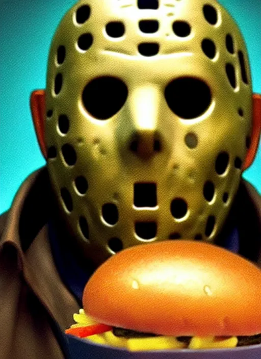 Prompt: hyper detailed 3d render like a Oil painting - Jason Voorhees (Friday the 13th) seen Eating hamburgers and french fries and big macs from mcdonalds by Jacek Yerka, Mariusz Lewandowski, Houdini algorithmic generative render, Abstract brush strokes, Masterpiece, Edward Hopper and James Gilleard, Zdzislaw Beksinski, Mark Ryden, Wolfgang Lettl, hints of Yayoi Kasuma, octane render, 8k