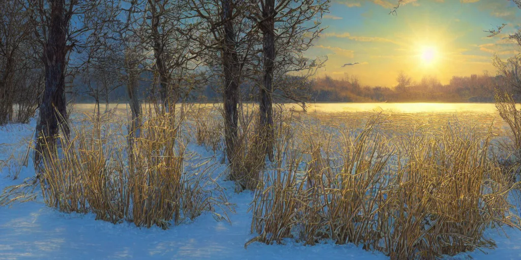 Prompt: a beautiful cold lake landscape in winter, romantic ambiente, no people, tall grown reed on riverbank, no mountains, clear sky, sunshine, colorful, by Mohrbacher and Moebius and Alphonse Mucha and Roger Deakins, cinematic lighting, masterpiece, highly detailed, 8k resolution, trending on art station