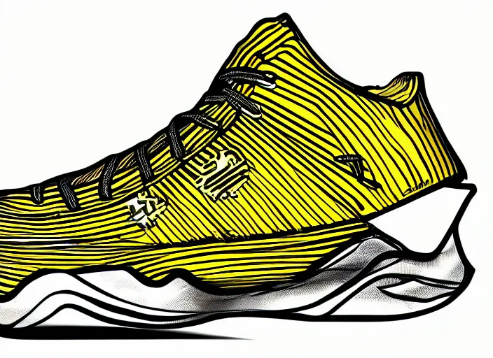 Image similar to sneaker concept, wth short golden lines, yellow details, highly detailed, digital art, sharp focus, trending on art station, anime art style