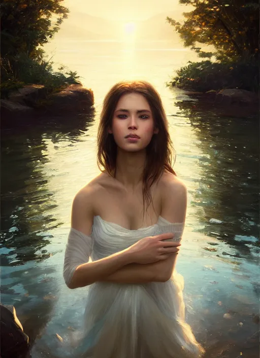 Image similar to cinematic shot of an epic portrait of a gentle girl by the lake, shiny skin, beautiful eyes, beautiful, small details, night setting, realistic poster with volumetric light from craig mallism, artgerm, jeremy lipkin and michael garmash, unreal engine, radiant light, detailed and complex environment, digital art, trends at art station