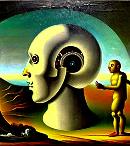 Prompt: a salvador darli painting of the end of human civilisation and the birth of an artificial intelligence revolution