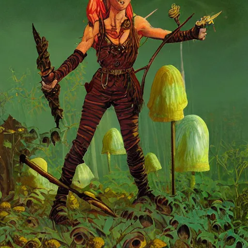 Prompt: moonshine cybin, buxom epic level dnd wood elf spore druidess, wielding a magical sword, wearing magical overalls. covered in various fungi. full character concept art, realistic, high detail digital painting by angus mcbride and michael whelan and michael william kaluta.