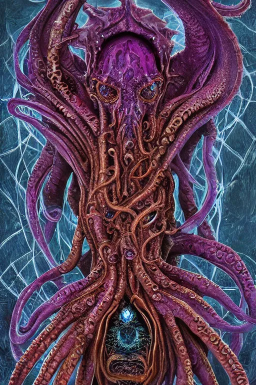 Image similar to psychedelic organic cthulhu mindflayer, gems jewels, diffuse lighting, very very intricate, very very elegant, highly detailed, lifelike, photorealistic, digital painting, artstation, illustration, concept art, smooth, HR GIGER , Hieronymous Bosch, Francis Bacon sharp focus, art by Greg Rutkowski and John Collier and Albert Aublet and Krenz Cushart and Artem Demura and Alphonse Mucha