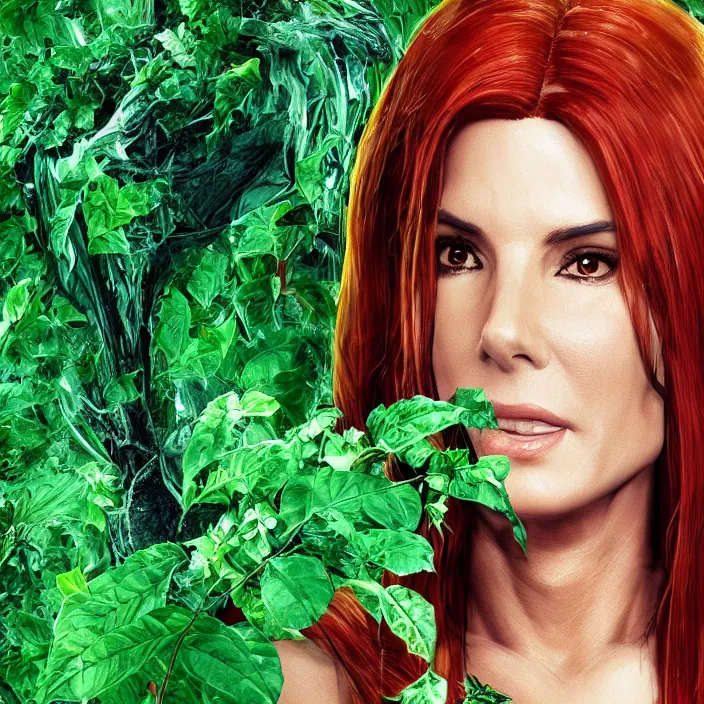 Image similar to portrait of Sandra Bullock as a Poison Ivy in Batman & Robin 1997. intricate artwork. by Tooth Wu, wlop, beeple, dan mumford. octane render, trending on artstation, greg rutkowski very coherent symmetrical artwork. cinematic, hyper realism, high detail, octane render, 8k