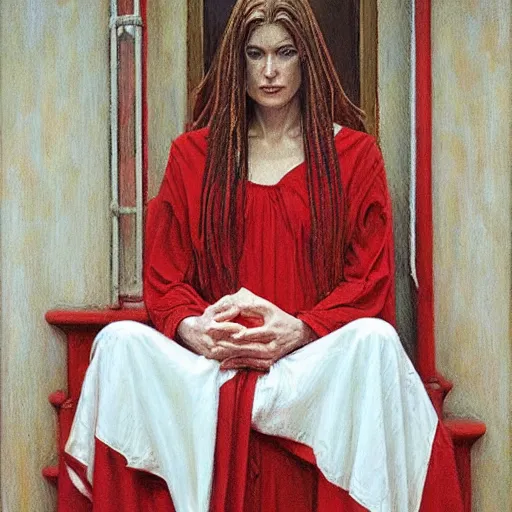 Prompt: priestess wearing white and red, by donato giancola.