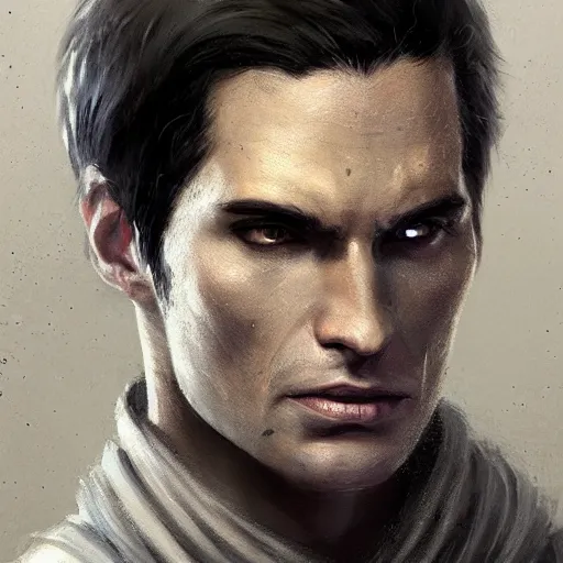 Prompt: portrait of a man by greg rutkowski, jedi knight, he looks like sam witwer, very short hair, wearing gray jedi robes, star wars expanded universe, he is about 2 0 years old, highly detailed portrait, digital painting, artstation, concept art, smooth, sharp foccus ilustration, artstation hq