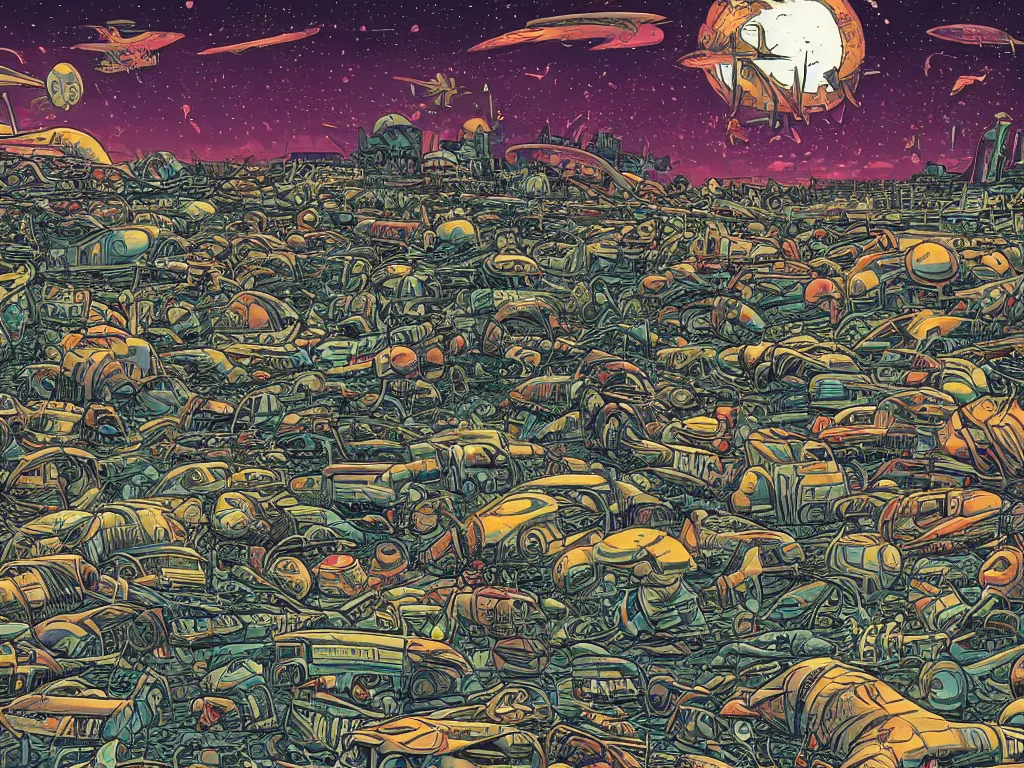 Prompt: a wide - angle scene of an alien invasion at the beach. spaceships in sight while humans with aliens. the sky is black and explosions litter the shoreline. by dan mumford.
