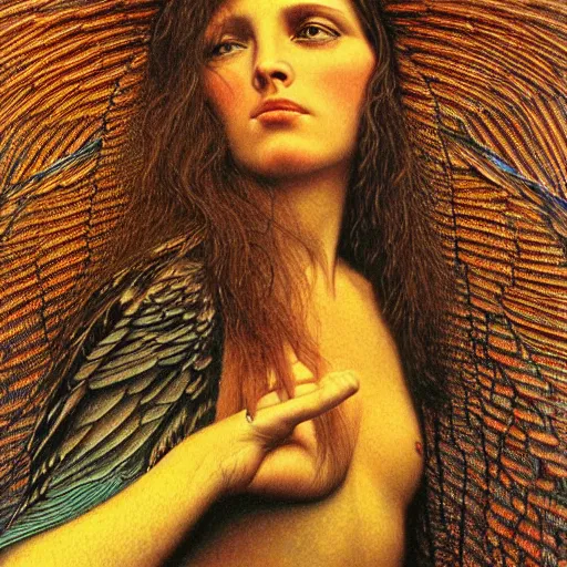 Image similar to a bird with hands, hyperrealism, no blur, 4 k resolution, ultra detailed, style of carlos schwabe