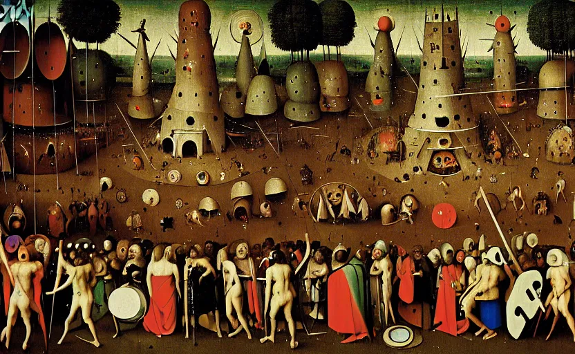 Prompt: geometric painting of an edm rave party by hieronymus bosch