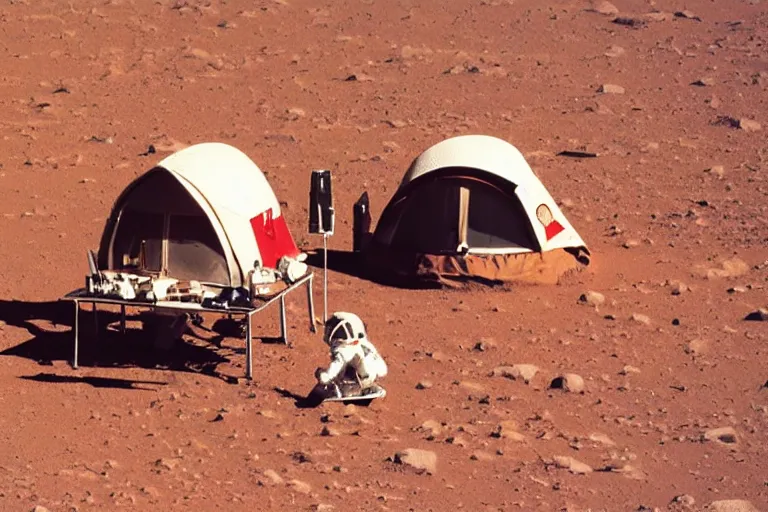 Image similar to photograph of an astronaut living in a tent lonely in Mars