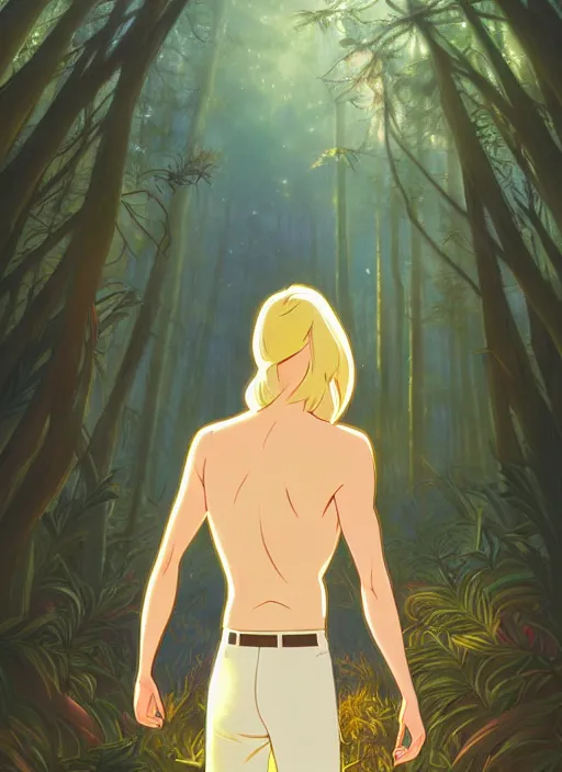 Prompt: book cover design, slender young man with shoulder length golden blond hair, shiny and sparkling, from behind, back shot, high angle, lost in a magical forest, natural lighting, path traced, highly detailed, high quality, cartoon, digital painting, by don bluth and ross tran and studio ghibli and alphonse mucha