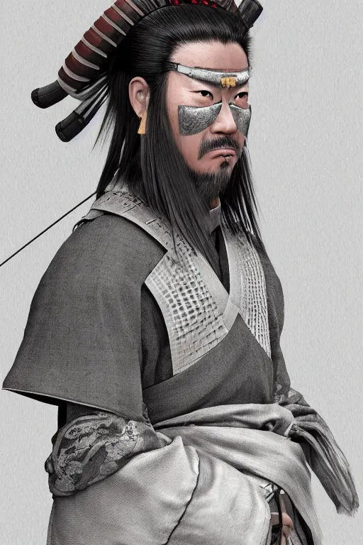 Image similar to native japanese samurai, focused stare, partially masked, highly detailed, photorealistic render, digital painting, trending on artstation, character design, overcast weather