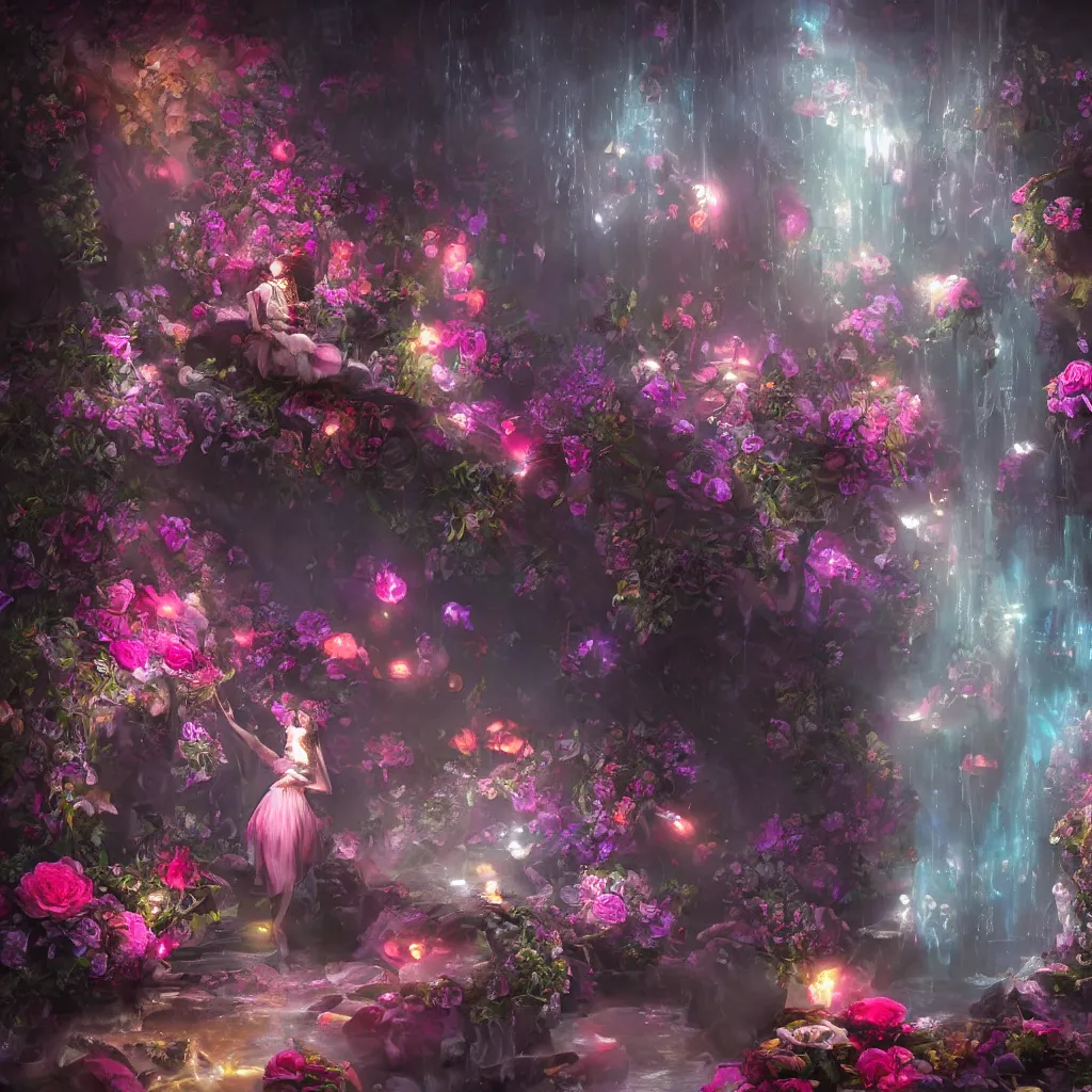 Prompt: oil painting, rich deep colors masterpiece, gray, pink, ultra detailed, beautiful fantasy cave scene, contrast, firefly lights, neon drops and water jets, rocks, redheaded flower girl and dress made of fresh flowers, roses, lilies, volumetric light, neon signs, atmospheric lighting, dramatic, cinematic, steampunk, moody, octane render 4 k, 8 k