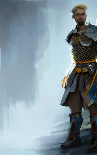 Image similar to highly detailed concept art of a rugged young knight with blonde hair and blue eyes and a short beard wearing a blue shirt over chain mail and steel pauldrons and a yellow cape and leather boots, concept art by Greg Rutkowski, realistic, masterpiece, ArtStation