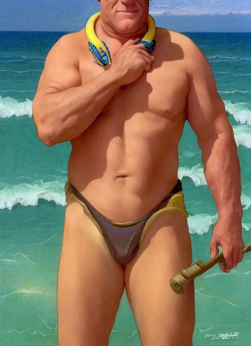 Image similar to portrait Dean norris as sea lifeguard on the beach, full length shot, shining, 8k highly detailed, sharp focus, illustration, art by artgerm, mucha, bouguereau