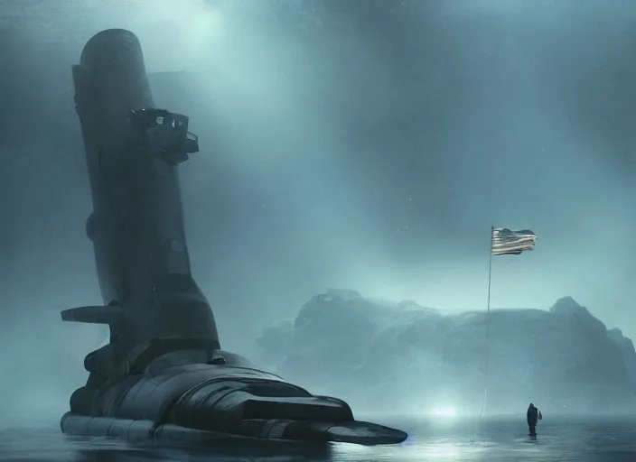 Prompt: astronaut holding a flag in an underwater desert. a submarine is visible in the distance. dark, concept art, cinematic, dramatic, atmospheric, 8 k, trending on artstation, blue, low visibility, fog, ocean floor, christopher nolan, interstellar