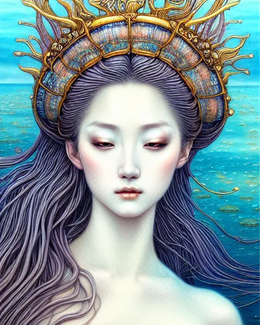 Prompt: portrait of a beautiful sea goddess, esoteric, muted colors, head in focus, fantasy art, ornamental aesthetics, intricate, elegant, highly detailed, hyperrealistic painting, artstation, concept art, painterly, sharp focus, illustration, art by chie yoshii