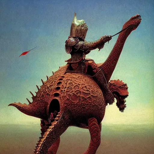 Prompt: a knight riding a dinosaur in full armor, beksinski