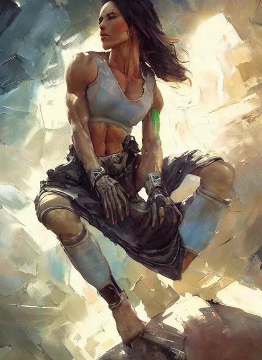 Prompt: a muscular woman sitting in a rusty old spaceship, wearing a skirt, expressive oil painting, by artgerm, by greg rutkowski, highly detailed, vivid colors, detailed body